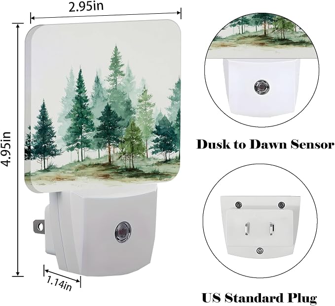 Watercolor Forest Night Light,Plug Into Wall for Boys Girls Bedroom Decorative Square Night Light Lamp 0.5w Sleep Friendly