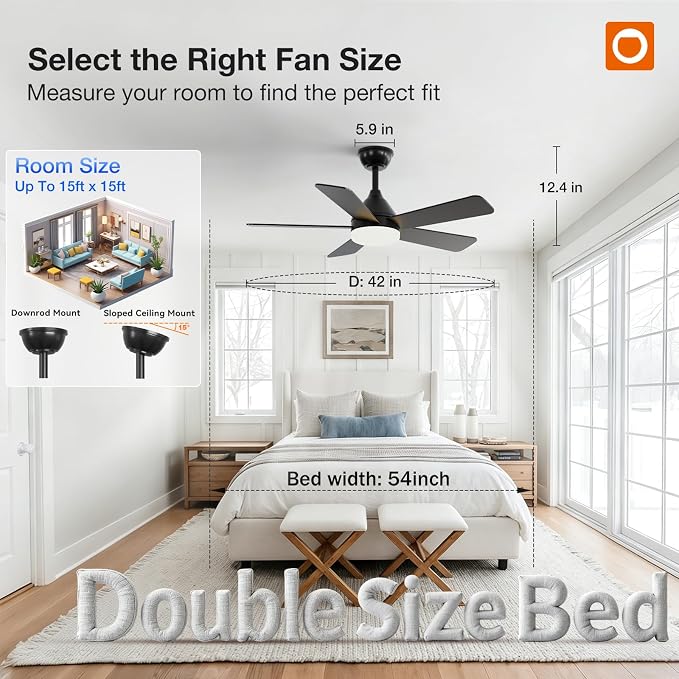 addlon 42 Inch Black Ceiling Fans with Lights and Remote | Reversible DC motor, 6-speed, Timer, 3CCT Dimmable, Quiet, Small Ceiling Fan for Bedroom, Living Room, Indoor/Outdoor Use