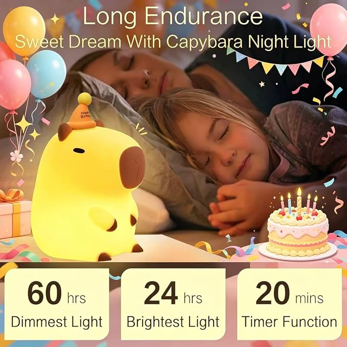 YR YRHH-PET Capybara Birthday Gifts Night Light, Squishy Cute Lamp, Fun Toy | Happy Birthday Hat Decorations, Rechargeable Dimmable Silicone Bedside Lamp, Kids Animal LED Touch Nightlight Capibara Stuff