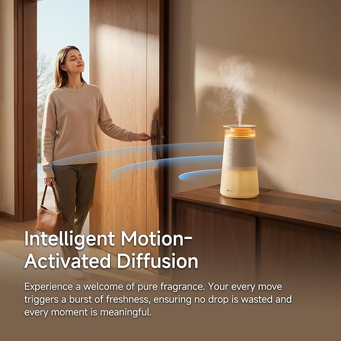 NIMIN Motion Activated Essential Oil Diffuser, Smart Wireless Scent Air Machine with 280ml Jumbo Capacity, 30dB Quiet Waterless Diffusers for Home, Bedroom, Bathroom, 4-Color Ambient Light