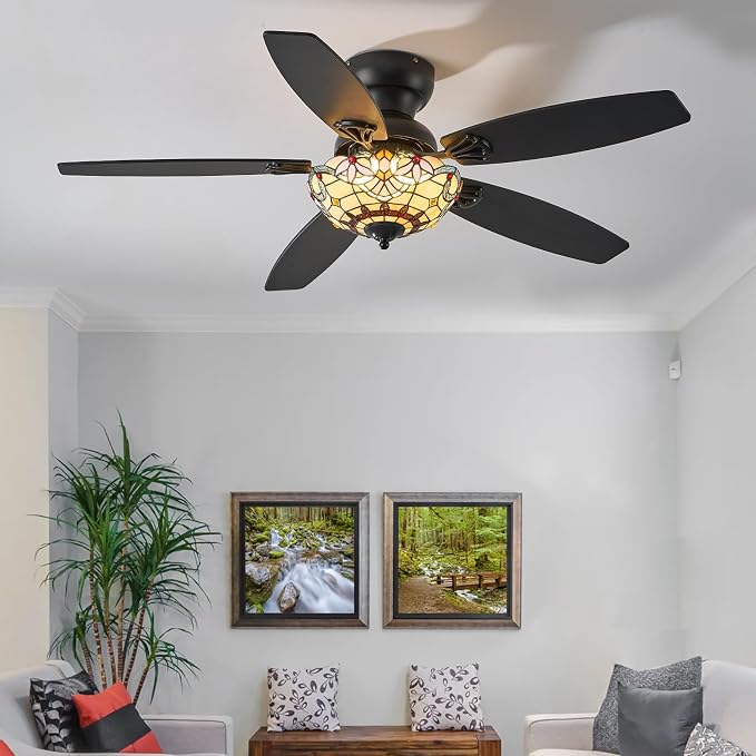 Tiffany Ceiling Fans with Lights-48"Ceiling Fan Chandelier and Glass Shade | 48" Ceiling Fan Chandelier with 5 Dual-Blades and Glass Shade, 6 Speeds and Reversible, Indoor and Outdoor, Retro Style