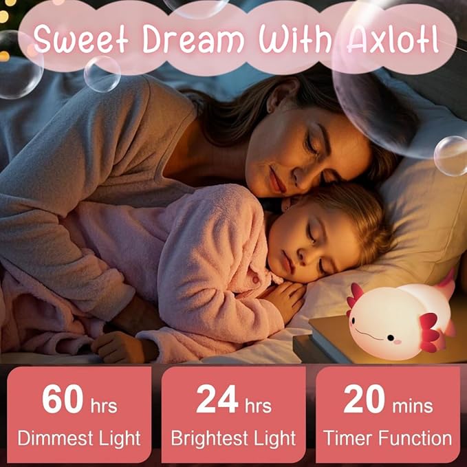 Axolotl Cute Night Light, Kids Squishy Rechargeable Axolotl Lamp, Mom Mothers Day Gifts, Girl Bedside Animal Nightlight, Dimmable Silicone LED Toy Pink Light, Baby Nursery Kawaii Décor