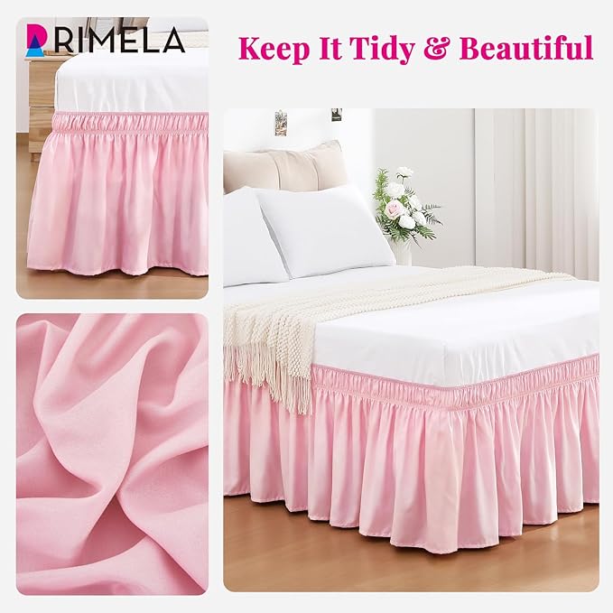 RIMELA Dusty Pink Bed Skirt Queen Size 15 Inch Drop, Wrap Around Elastic Bedskirt, Dust Ruffle for Adjustable Bed Base Machine Washable Easy to Install Bed Skirts