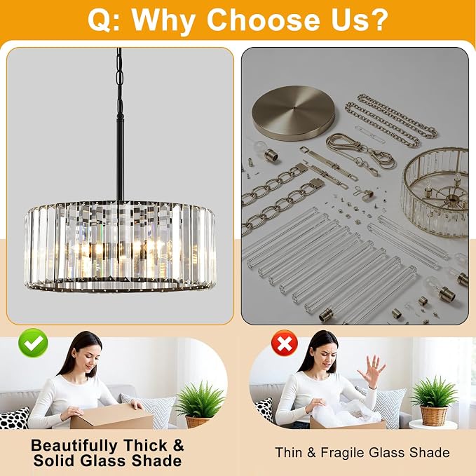 15" Modern Crystal Chandelier for Dining Room, No Assembly Required 4-Light Black Dining Room Light Fixture Over Table, Hanging Pendant Lights Fixture for Kitchen Island Living Room Foyer Entryway