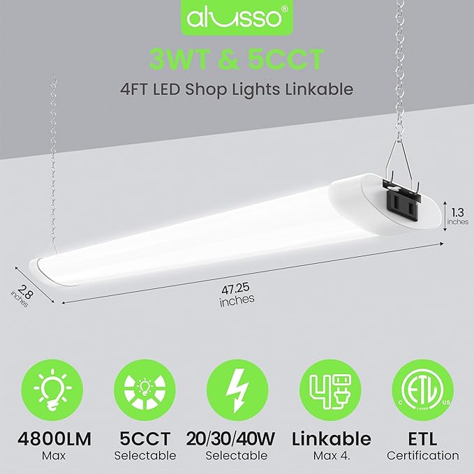 ALUSSO® LED Shop Lights 4FT for Garage, 4800LM Super Bright, Adjustable 2700K-6500K Color Temperature, 120V, Warm to Cool Daylight Linkable Shop Lights for Workshop/Basement, ETL Listed, 4 Pack
