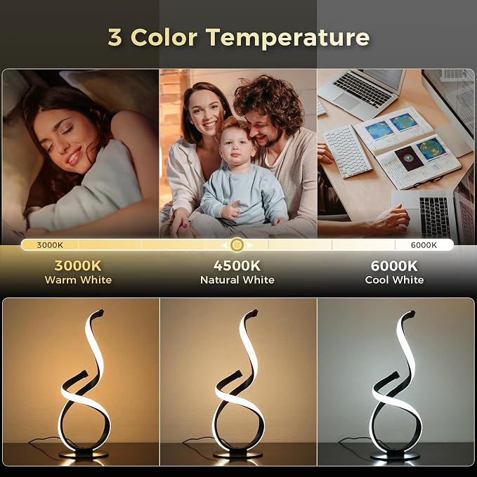 2 Pack Modern Touch Lamp for Nightstand, LED Spiral Table Light | Dimmable 3 Color Temperature Night stand Desk Lamp, Unique Bedside Light for Living Room, Bedroom, Ideal Gift, Black