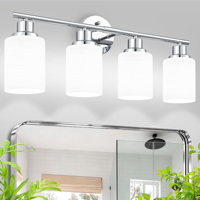 4-Light Chrome Vanity Lights for Mirror, Bathroom Light Fixtures with Textured Milky White Glass Shade, Modern Kitchen Light Fixtures Wall Sconce Light