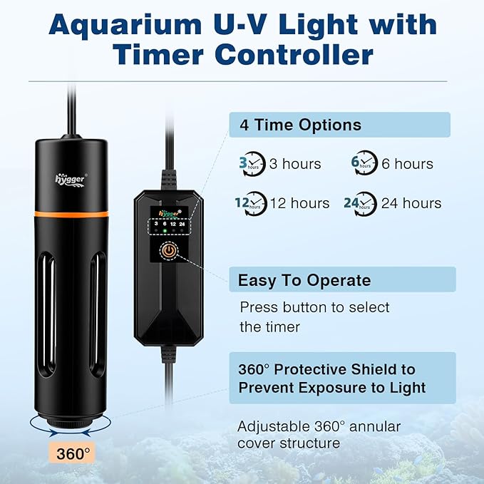 hygger Aquarium U-V Light with Timer, 360° Protective Shield Clean Lamp for Green Water & Algae, Amphibian Small U-V Light for Freshwater & Saltwater Fish Tanks, 7W for 30-130 Gal