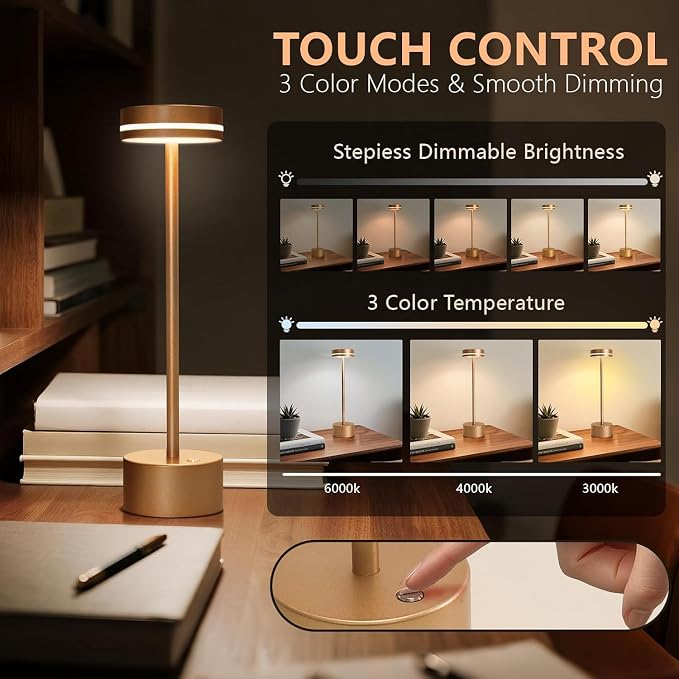 2 Pack Cordless Table Lamp Rechargeable, Touch Desk Lamp - 5000mAh Battery, 3 Color Dimmable Led Light, Small Portable Aluminum Light for Outdoor/Patio/Dining/Tabletop/Bar/Office, Home Decor