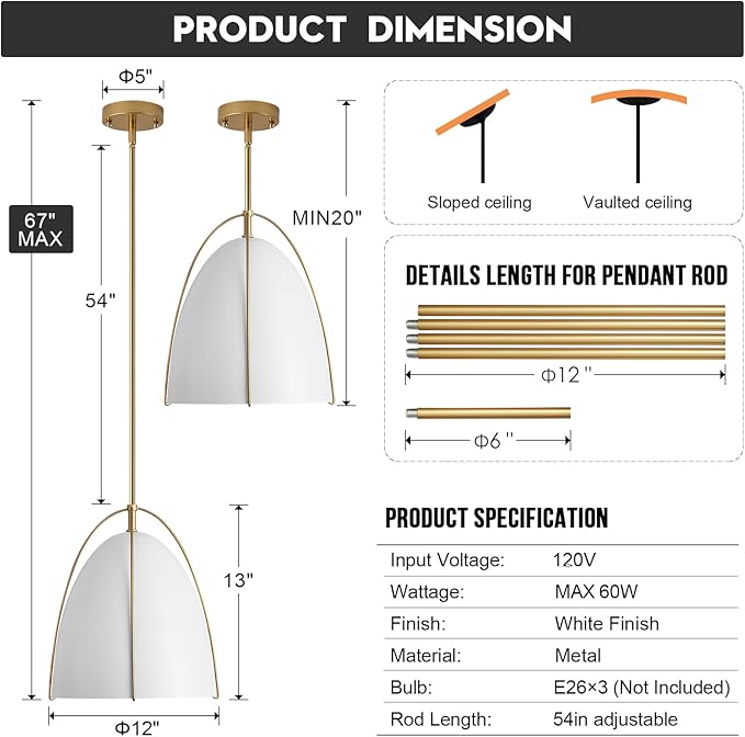 White Gold Pendant Light 3-Light Socket Large Pendant Light Fixture with Adjustable Pendant Rod 12in Dome Kitchen Pendant Lighting for Kitchen Island Dining Room Kitchen Sink, E26
