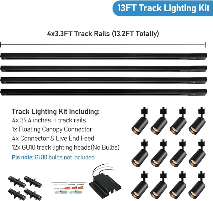 12 Lights LED Track Lighting Kit with 13FT H Track Lighting Rails & Floating Canopy Connector, GU10 Track Light Kit Modern Kitchen Track Lighting Fixtures Ceiling Spot Light, Black - No Bulbs