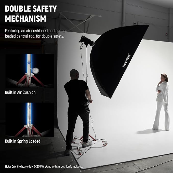 NEEWER 10ft Heavy Duty Air Cushioned Light Stand with Casters, Adjustable Tripod Stand, Stainless Steel Photography Wheeled Stand for Studio Flash Softbox Monolight Reflector, SC305AW | Adjustable Tripod Stand, Stainless Steel Photography Wheeled Stand...
