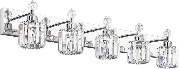 PRESDE Crystal 5-Light Vanity Light for Bathroom，Chrom Modern Bathroom Lights Fixtures Over Mirror