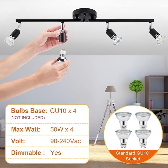 HURYEE Track Lighting Kit, 4 Head Foldable Ceiling Spot Light with GU10 Socket for Kitchen Hallyway Bedroom Fixture Directional Accent Lamp