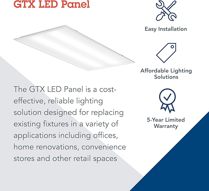 Lithonia Lighting GTX 2x4 LED Flat Panel Light, 2 ft. x 4 ft. LED Light Panel, Ceiling Lighting Fixture for Shop Lighting, Back Lit, 5000 Lumens, 4000K Cool White, A12 Prismatic Lens, White