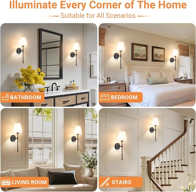 Peel and Stick Wall Sconces, Stick On Wall Sconce Set of 2, Battery Operated Wireless Adhesive Wall Lights, Corn Bulb with 10000mAh Battery, Easy Install for Bedroom Living Room Wall Decor