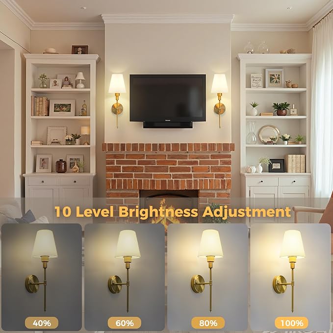 Battery Operated Wall Sconce: Set of 2 Wireless Wall Light 12000mAh | 15 Color Rechargeable Wall Sconces, Sconce Wall Decor Set of 2 for Bedroom, Living Room, Gold 20.7in