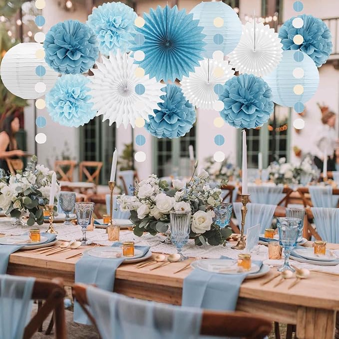 Dusty Blue White Party Decorations Paper Lanterns Tissue Pom Poms Flowers White Paper Fans for Light Blue Birthday Baby Shower Bridal Shower Wedding Party Decoration