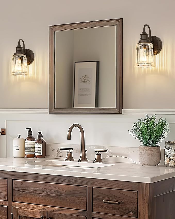 Rustic Wall Sconces Set of Two, HWH Farmhouse Vanity Wall Sconces for Bathroom, 1-Light Wall Sconce Light Fixtures Indoor Wall Lamps for Bedroom, Oil Rubbed Bronze Finish, 5HZG106B-2 ORB