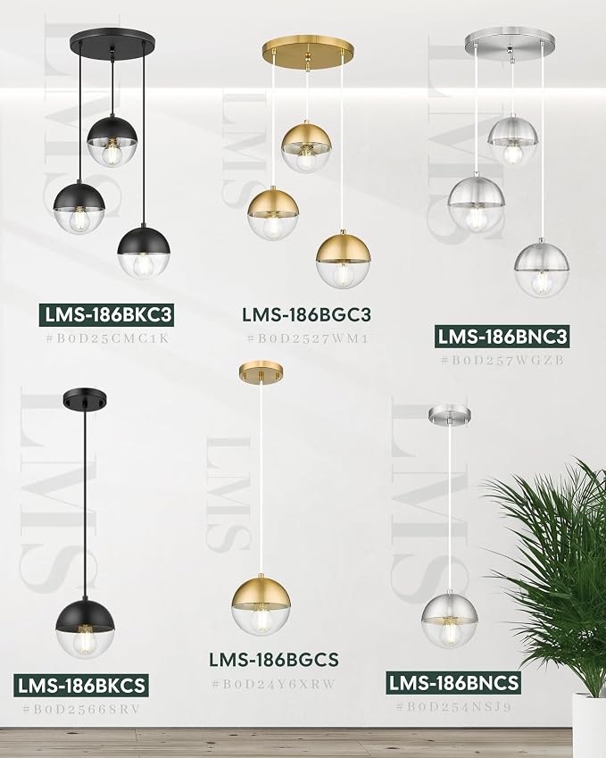 Modern Brushed Nickel 3-Light Cluster Pendant Lights, Mid Century Pendant Lighting with Clear Globe Glass Shade, Adjustable Hanging Cord Ceiling Light for Bathroom Dining Room, LMS-186BNC3