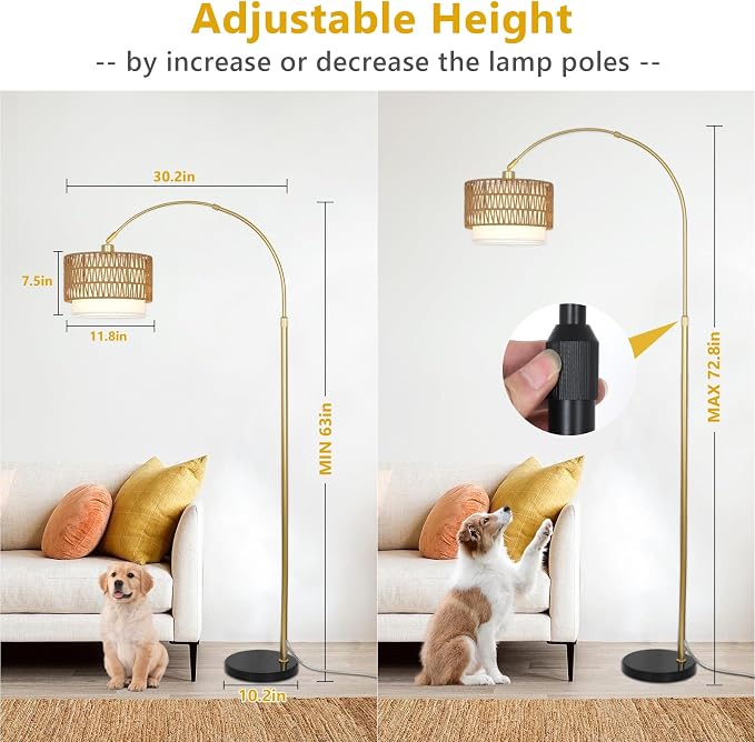 Arc Floor Lamp for bedroom with Rattan & Linen Shades, Gold Floor Lamp with Remote & Dimming Bulb, Rustic Standing Lamp with 3 Color Temperatures, Adjustable Height Farmhouse Tall Lamp for Living Room