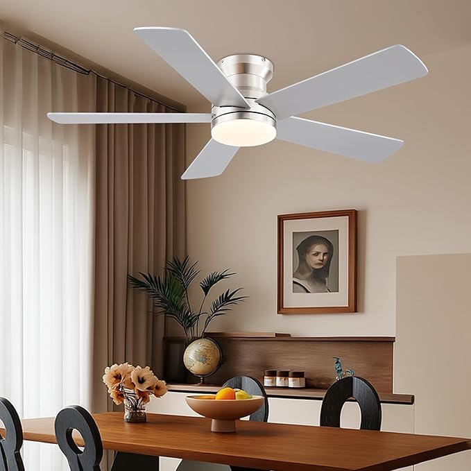 Flush Mount Low Profile Ceiling Fans with Lights - Modern Ceiling Fan with LED Dimming, Timer, 6Wind Speeds, Indoor Fan Light Fixture for Bedroom, Kitchen, Nickel