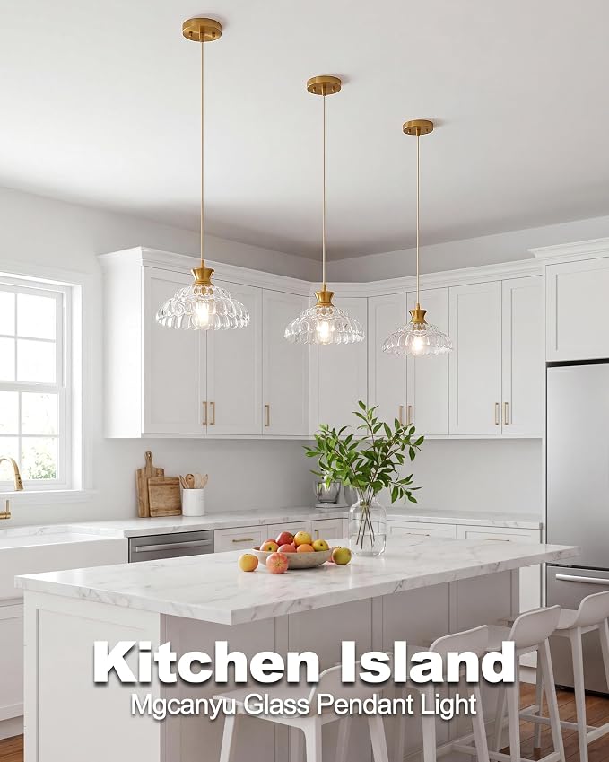 2Pack Glass Pendant Lights Kitchen Island, 11.8" Vintage Lighting Glass Light Fixtures Brushed Gold Modern Chandelier Hanging Ceiling for Dining Living Room Restaurant Bedroom Foyer