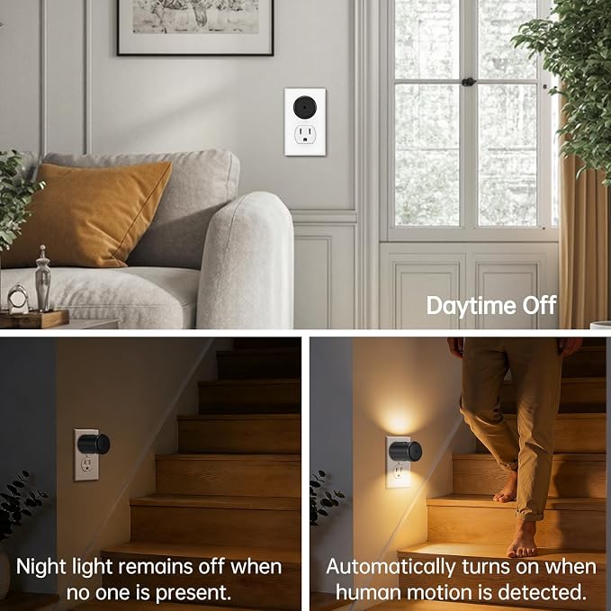 TSEXES 4 Pack LED Motion Sensor Night Light, 2700K Warm White | Plug into Wall,Dusk to Dawn Sensor,for Bedroom,Bathroom,Stairs,Hallway,Non-Dimmable