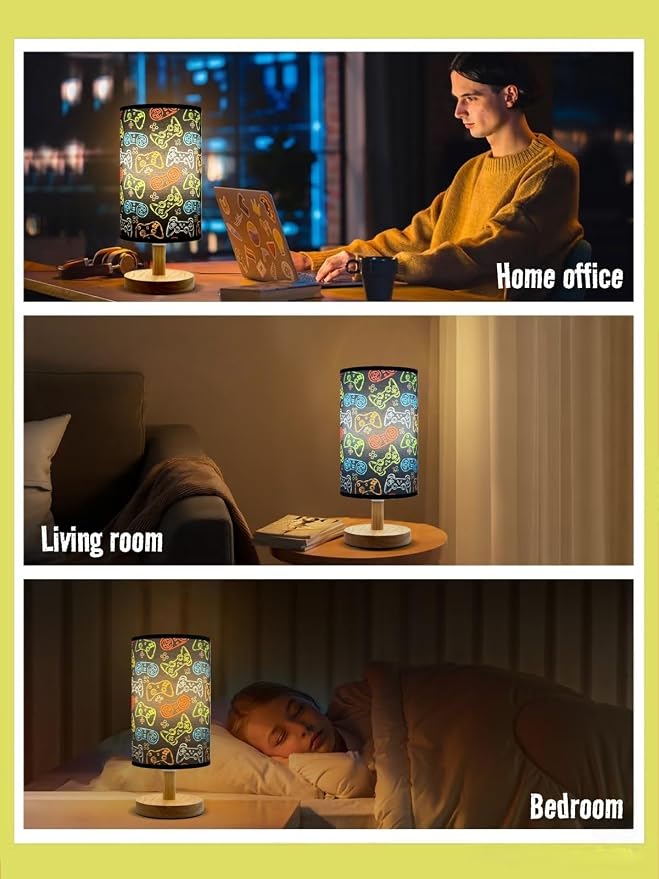 Video Game Table Lamp,Night Light for Kids Room,Cartoon Bedside Lamp 3-Color Dimmable LED Desk Lamp with Linen Lampshade and Wood Base for Bedroom Living Study Home Decor for Practical Gift for Boys