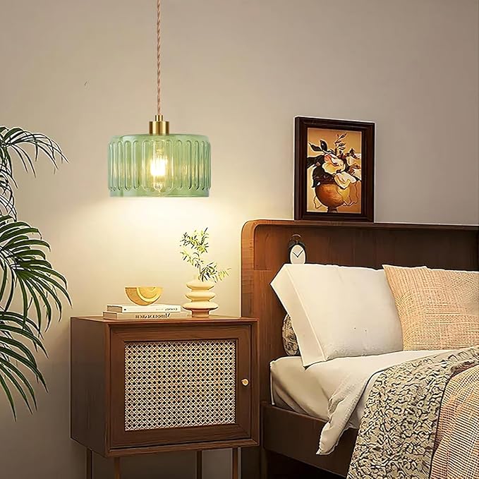 Plug in Pendant Light Hanging Lights with Plug in Cord Boho Hanging Lamp Glass Gold Mid Century Modern Vintage Dimmable Green Flower Plug in Chandelier Ceiling Fixture for Living Room,Kitchen