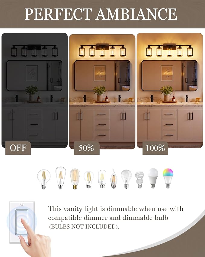 5-Light Matte Black Bathroom Light Fixtures Over Mirror with Clear Glass and Metal Cage Shade, 38" UL-Listed Modern Farmhouse Wall Sconce for Bath, Hardwire E26, OS-3014BK-5W