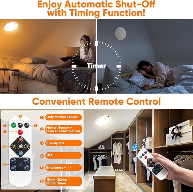 Rechargeable Motion Sensor Ceiling Light, Battery Operated Closet Light | Wireless Battery Powered LED Shower Light, Magnetic Cordless Ceiling Light with Remote, Overhead Lamp for Pantry Shed, 6-Pack