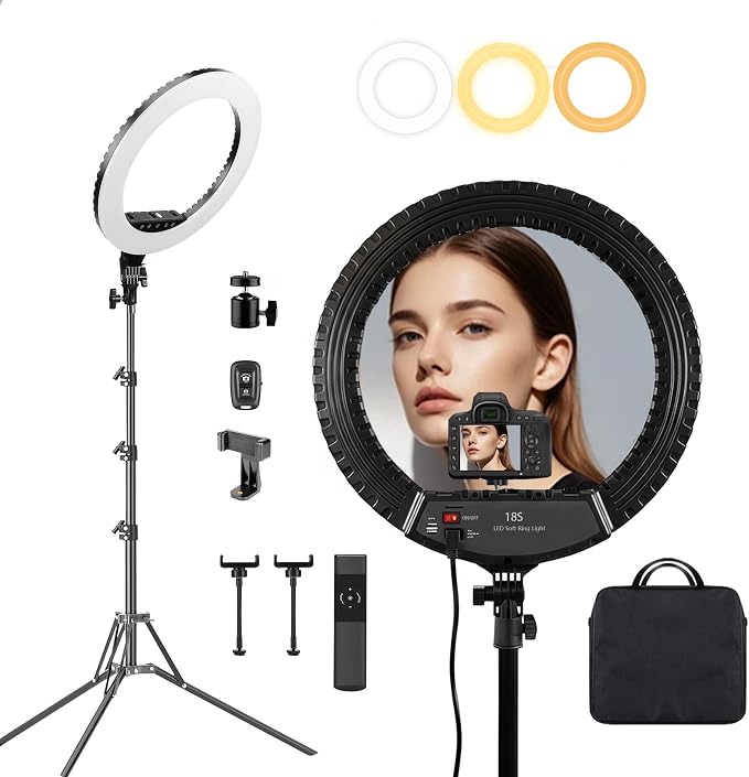 18" LED Ring Light with Tripod Stand, Professional Dimmable Ring Light Kit | 3000K-6000K Color Temperature & Brightness, for Makeup, Photography, Video Recording, Live Streaming, TikTok & YouTube