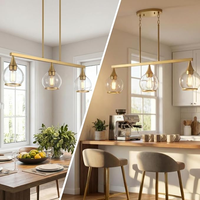 Kitchen Island Linear Pendant Light, 3-Light Gold Dining Room Chandelier with Clear Glass Globe Shades, Modern Linear Lighting Fixture Over Table