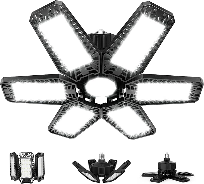 ISKYDRAW LED Garage Lights 185W, 1 Pack 18500LM Bright Shop Light with 6+1 Deformable Panels, 6500K Daylight Garage Ceiling Light Screw in E26/E27 Bulb Bay Lighting for Workshop Basement Barn Attic