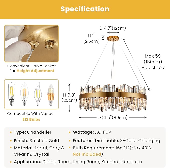Siljoy Modern Crystal Chandelier, 16-Light Luxury Brass Gold 2-Tiers K9 Crystal Raindrop Chandelier Dimmable Crystal Pendant Ceiling Light for Dining Living Room Kitchen Island Entry Foyer D31.5''