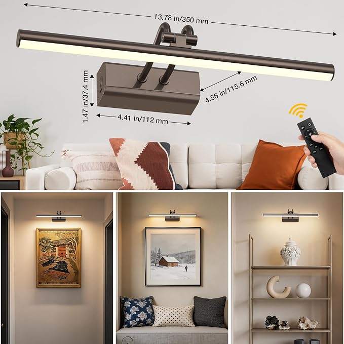 Picture Lights for Wall, 13.8in, Brown, 4000mAh, Rechargeable Remote | Magnetic LED Art Display Light with 3 Color Temperatures for Gallery, Living Room, Bedroom, Hallway, Wireless