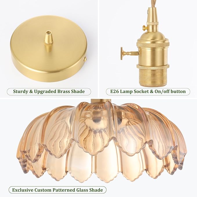 Pendant Light with Amber Scindapsus Glass Lmapshade, Brass Vintage Pendant Light Adjustable Hanging Light for Kitchen Island Dining Room Hallway
