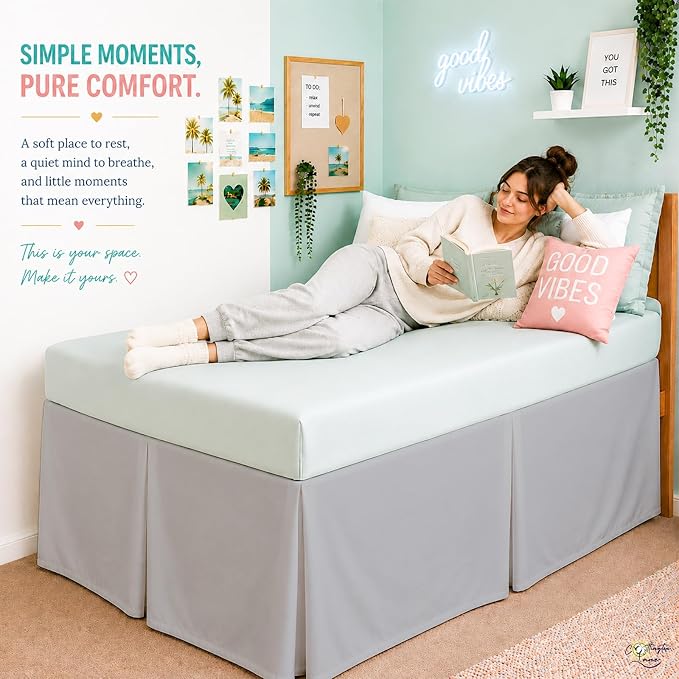 Cottington Lane Tailored Box Pleated College Dorm Bed Skirt Twin XL, Hotel Quality Premium Brushed Microfiber Extra Long Bedskirt Twin XL 36 Inch Drop, Light Grey Dorm Bedding