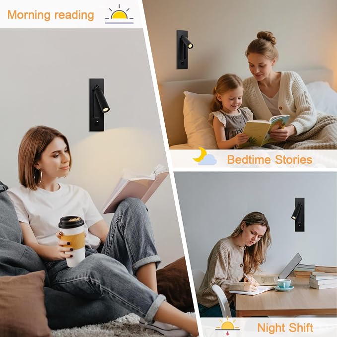 Set of 2 Led Headboard Wall Light, 350°Rotation Portable Plug in Wall Sconce Hardwired, Bedside Reading Light Recessed Push Switch, Hotel Bed Side Decor Wall Sconces Spotlight (Matt Black)