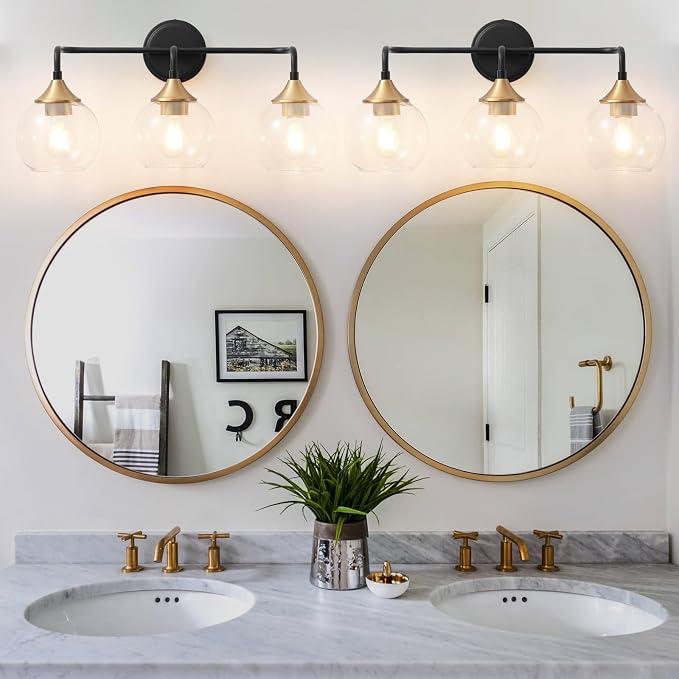 Bathroom Light Fixtures 3-Light Black and Gold Vanity Light 22" | Farmhouse Bathroom Lights, Thickened Clear Glass Shade, UL E26 Dimmable Vanity Lighting Fixtures Over Mirror