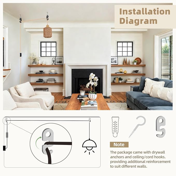Plug in Pendant Light Cord, 15FT Weaved Plug in Hanging Light Cord Kit | Pendant Light Socket with On/Off Switch, Farmhouse Hanging Lights with Plug in Cord, E26 E27 Light Socket Cord, No Bulb