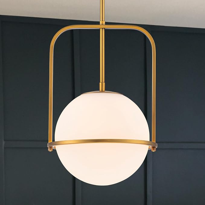 Brass Pendant Light Kitchen Island, 1-Light Modern Hanging Light Fixture, Adjustable Height Ceiling Light with Frosted Glass Globe, E26 Base, Dining Room, Entryway, Bedroom Lighting, ETL Listed