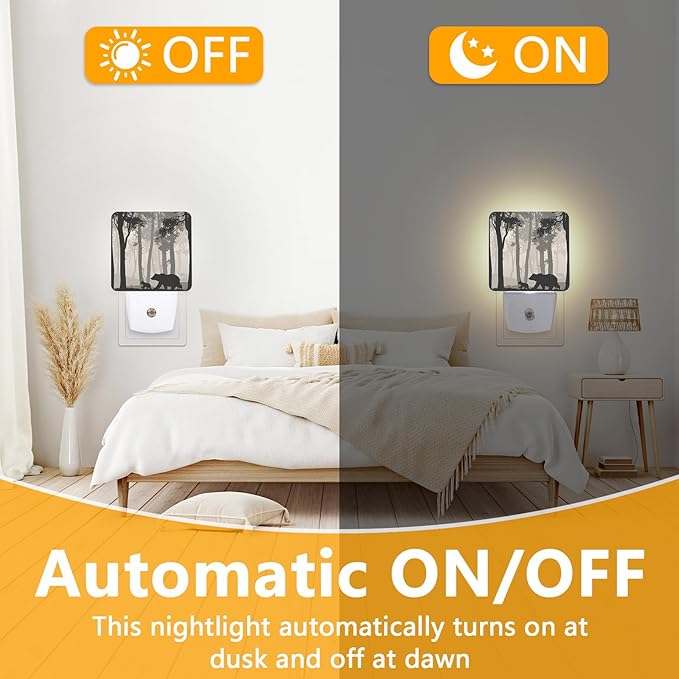 Bear Pine Tree Black Night Light, Plug-into Foggy Forest Nightlight White LED Lamp, Energy Efficient Decor Desk Lamp for Bedroom Hallway Stairs Bathroom