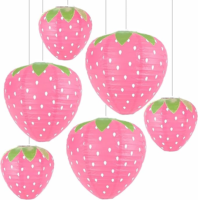 Strawberry Paper Lanterns, 8" & 12" Large Strawberry Hanging Lantern, Strawberry Hanging Decorations for Fruit Theme Birthday Party Decor(6 Pcs, Pink)