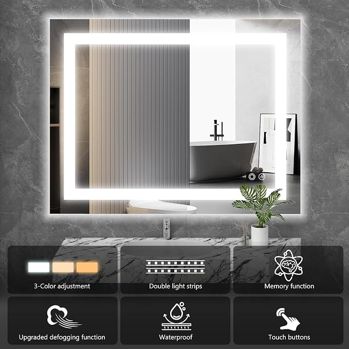Sweetcrispy 36"x48" Smart Anti-Fog LED Bathroom Mirror | with Lights and 3 Color Temperatures, Dimmable, Memory Function, Rectangle Modern Vanity Mirror
