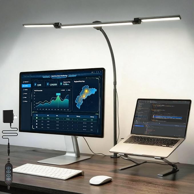 LED Desk Lamp with Clamp for Home Office, Wide Light for Dual Monitors | Wide triple-head lighting with 5 CCT, 10 brightness levels, flexible gooseneck, timer & memory for work or study