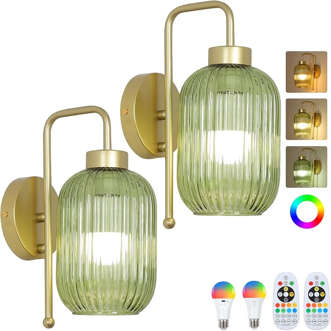 Gold Wireless Sconces Set of 2 with Green Stripe Glass Shade, Battery Operated Wall Sconces with Remote and Dimmable Bulb, Vintage Rechargeable Cordless Wall Lights For Bedside Living Room Bathroom