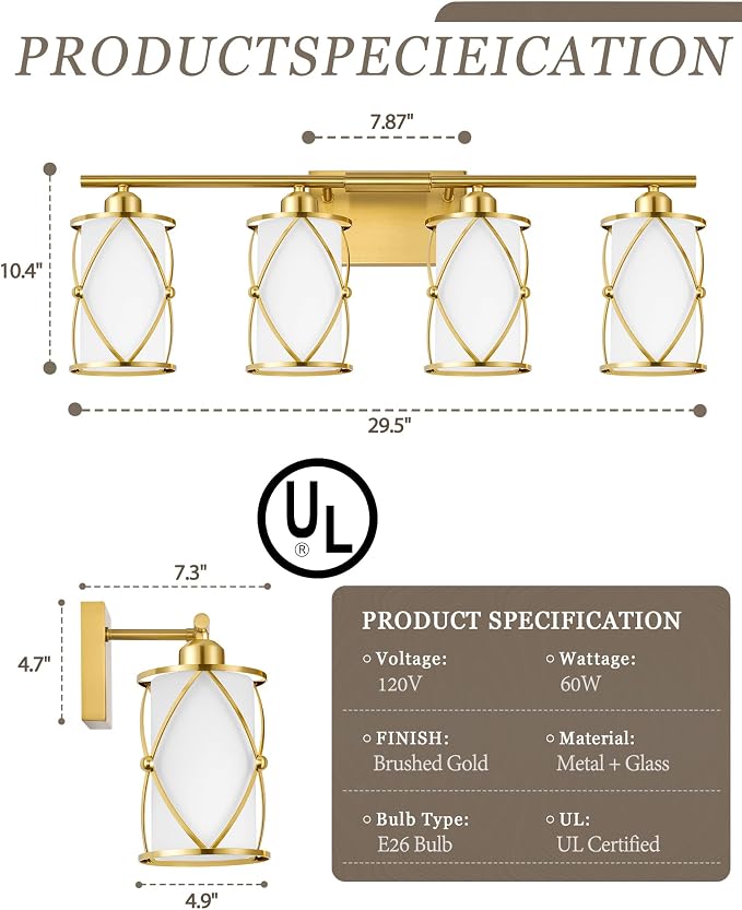 4-Light Brushed Gold Bathroom Light Fixtures with Milk Frosted Glass, 29" Modern Bathroom Vanity Lighting Fixtures Over Mirror with Metal Cage, Wall Sconce Lights for Bath, E26, CH9176BGW-4W