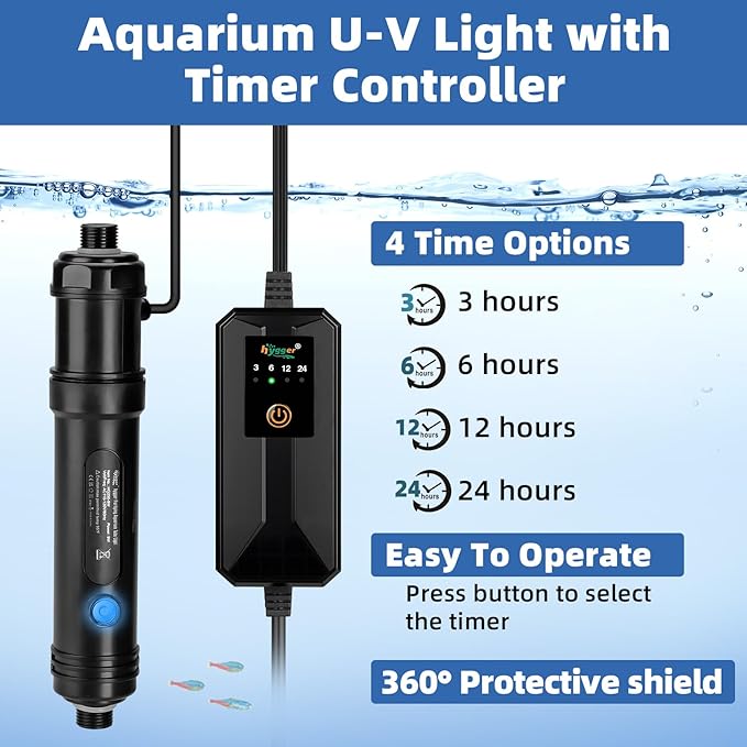 hygger Aquarium U-V Light with Timer, 360° Protective Shield Clean Light for Green Water Clean, Amphibian Aquarium Lamp Bulb for Freshwater Saltwater Fish Tank and Aquarium (9W, 60-100 Gallon)